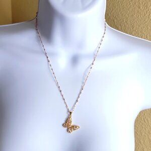 Floating Butterfly Zircon Pendant Necklace Gold Tone Open Link Chain 18 Inch New